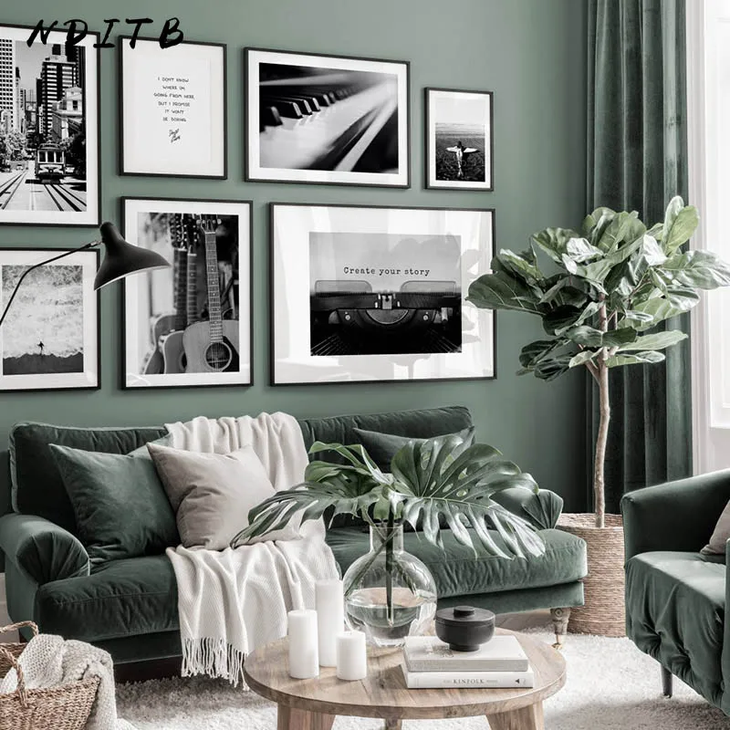 Плакат на тему музыкальных инструментов гитары пианино черный белый принт