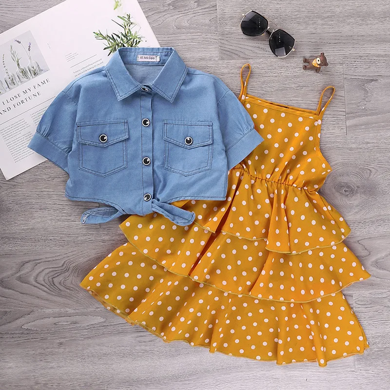 Summer Denim Coat+Dress Suits Teenagers Clothes For Girls Dot Sling Outfits Baby Princess Children Dresses Casual Clothing 4-12Y