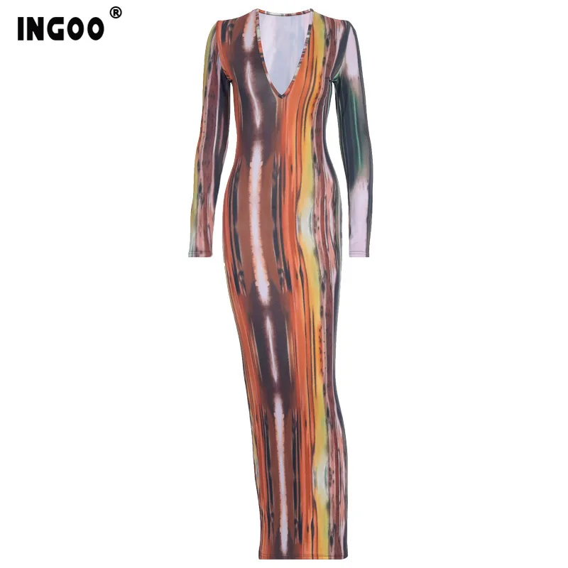 

INGOO 2020 Spring Sexy Print Maxi Dress Women Elegant Streetwear Colorful Striped Deep V Neck Long Sleeve Party Long Dress