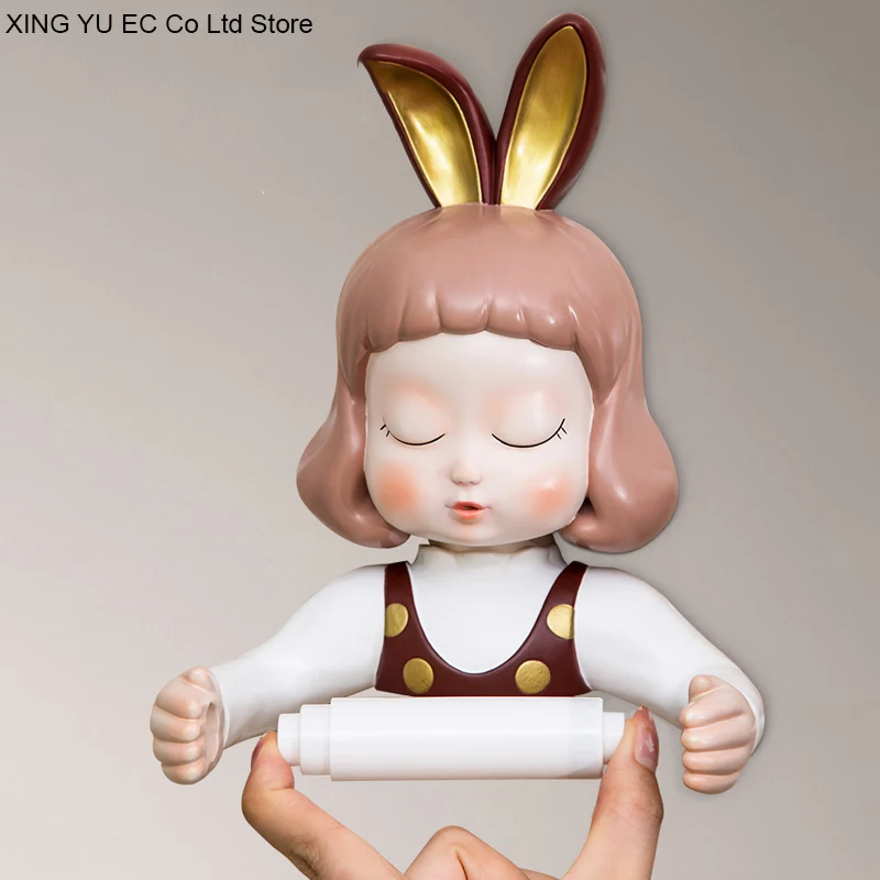

Creative Rabbit Girl Roll Paper Holder Nordic Style Cute Resin Tissue Box Free Punch Wall-mounted Simple Kitchen Household