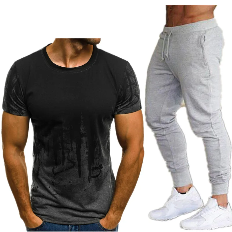 

2021 Men's sets t shirts + pants two pieces sets casual tracksuit 3D print suits sportwear fitness pants