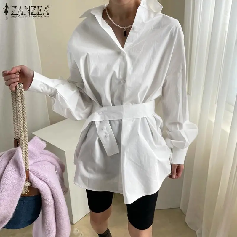 

Женская модная однотонная блузка, Элегантная блузка с воротником с отворотом, Офисная Туника ZANZEA, топы на шнуровке в Корейском стиле, женска...