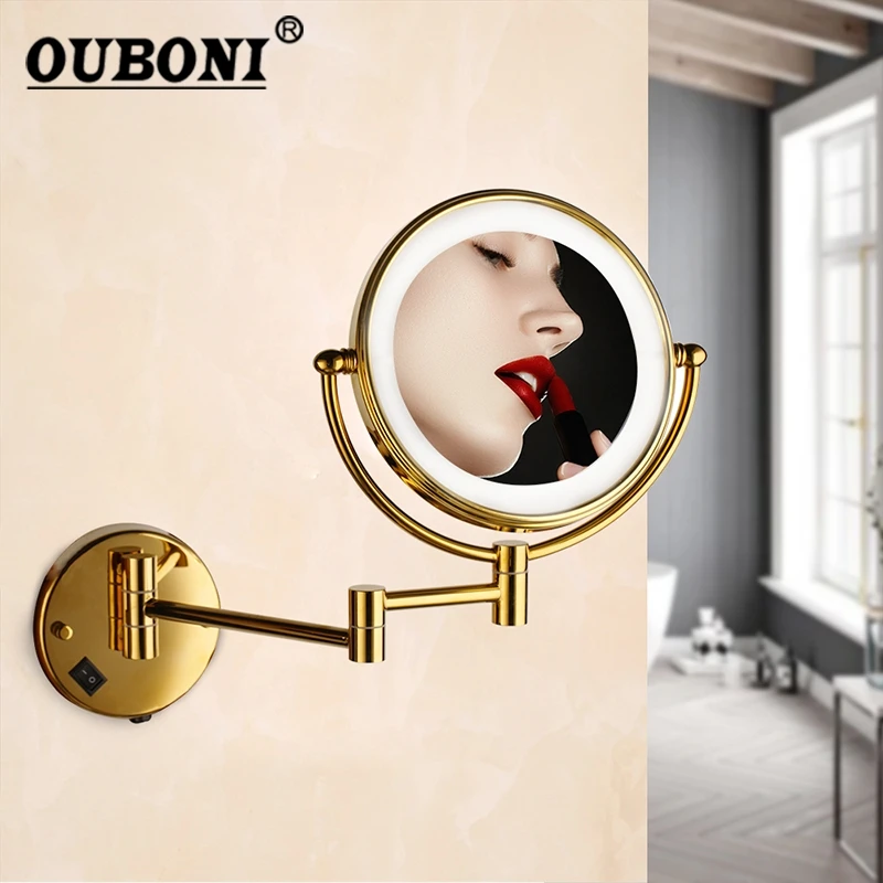 Зеркало для макияжа OUBONI, настенное складное косметическое зеркало 8 дюймов с 3-кратным увеличением и светодиодсветильник, для ванной комнат...