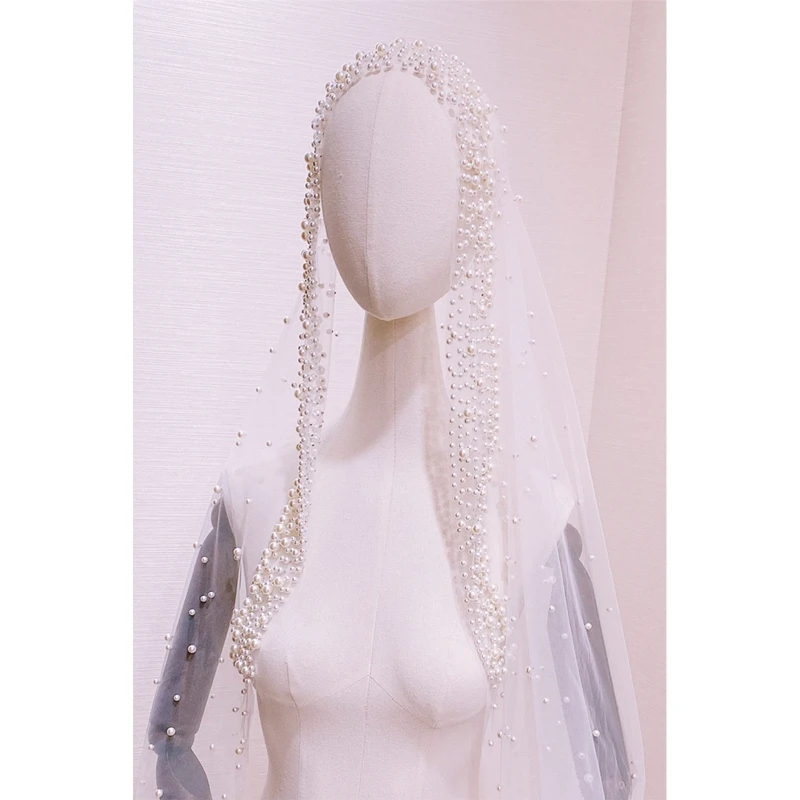 

3m Trailing Cathedral Wedding Veil One-Layer Mesh Tulle Face Cover Imitation Pearl Beading Jewelry Bridal Hair Accessories