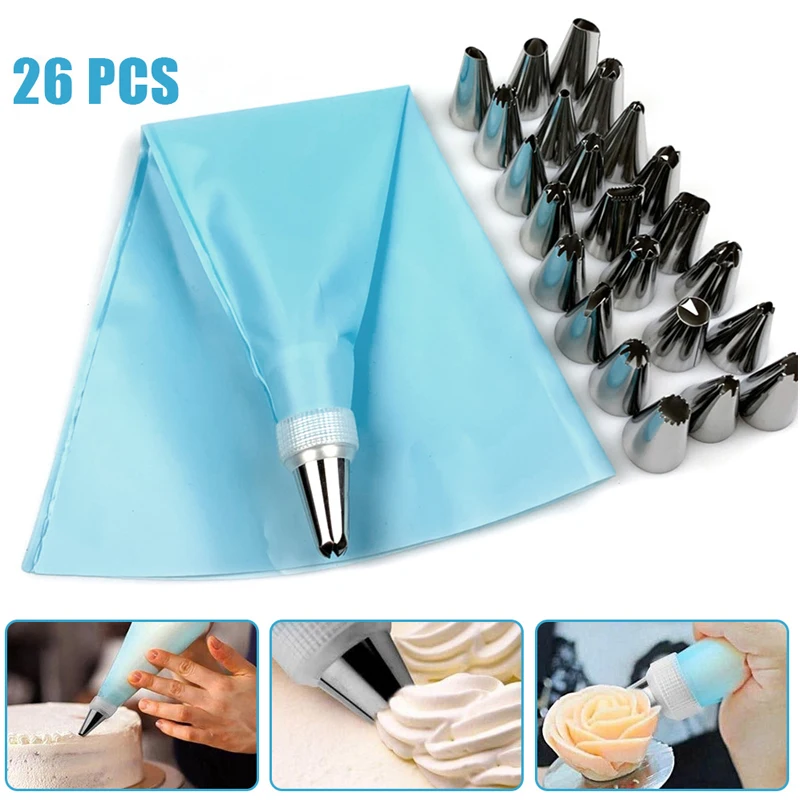 

26Pcs/Set Silicone Pastry Bag Tips Kitchen Cake Icing Piping Cream Cake Decorating Tools Reusable Pastry Bags DIY Pattern
