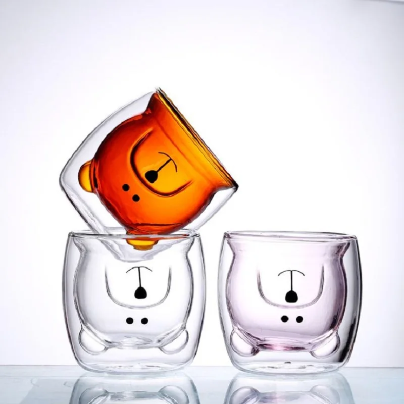 

Double Wine Glass Cup Heat Resistant Coffee Mugs Cute Bear Milk Tea Juice Whiskey High Borosilicate Glass Cup Kitchen Drinkware