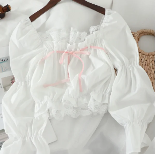 Рубашка с рюшами и кружевным бантом расклешенная рубашка рукавами-фонариками