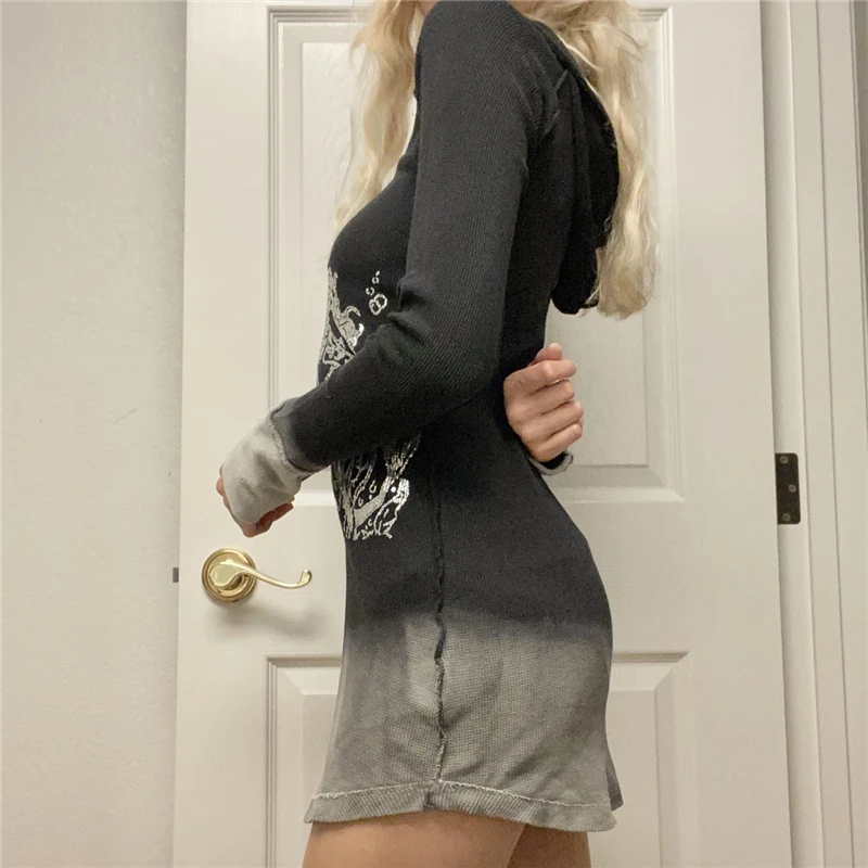 Готическое Ретро гранж платье с капюшоном графическим принтом осеннее