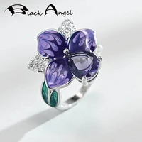 black angel purple enamel russia flowers ring 925 silver amethyst wedding finger rings 2020 new jewelry wholesale