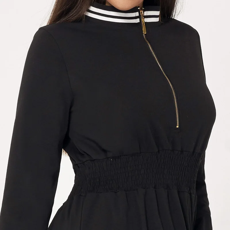 

Womens Dress Casual Sports Metal Zipper sSretch High Waist Contrast Color Stitching Long Sleeve Casual Dress