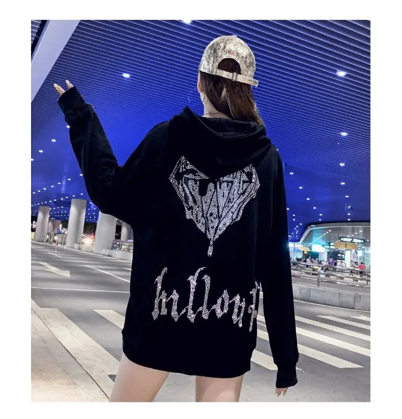 

Loose Mid-Length Blouse Hot Diamond Hooded Women's Fashion Autumn And Winter