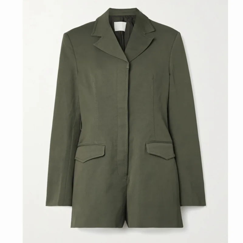

2021 New Long Sleeve Turn-down Collar Single Breasted Patchwork Pockets Loose Fit Fashion Tide Green Short Jumpsuit 7E8118