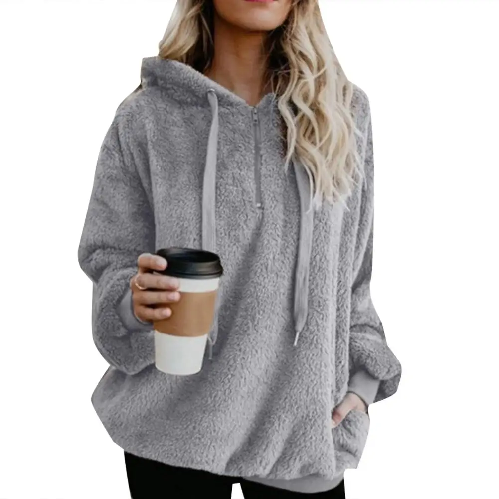 Plus Size Winter Solid Color 1/4 Zip Up Fluffy Hoodies Women Hooded Sweatshirt