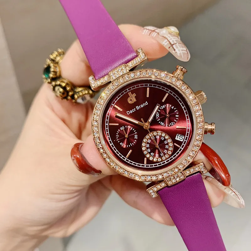 Благородный фиолетовый часы с ремнем из натуральной кожи для Для женщин