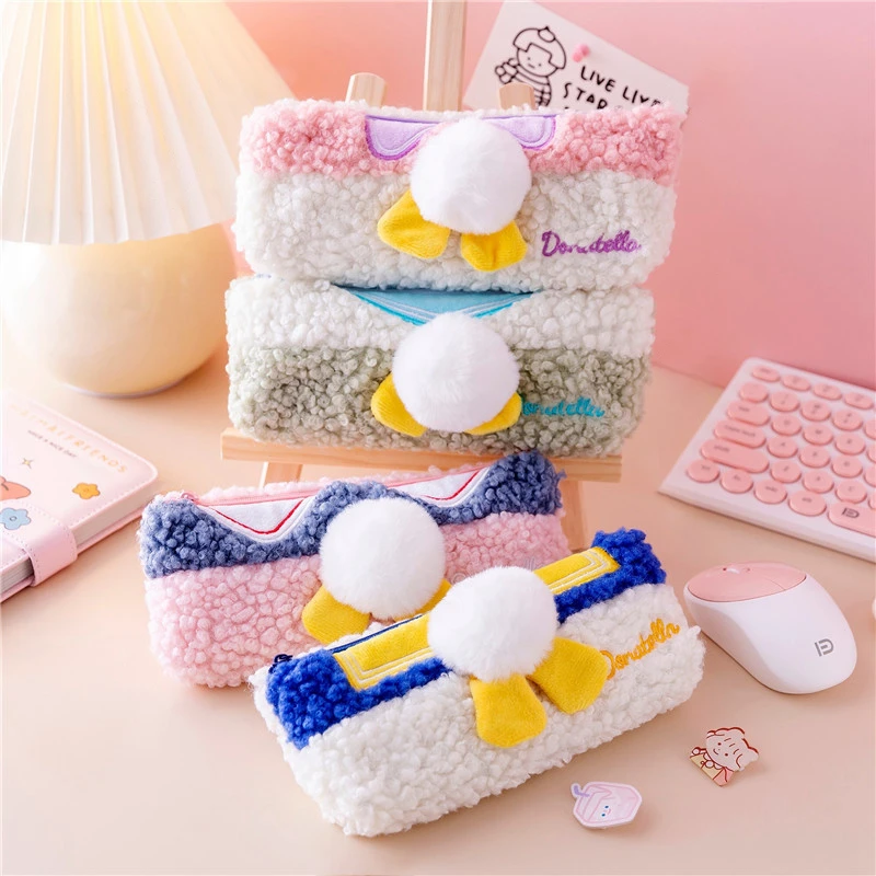 

New 1pc Cute Simple Stationery Box Plush Pencil Bag For Schoolgirls Large Capacity Pencil Case 22*10cm Storage Holder Pouch Bag