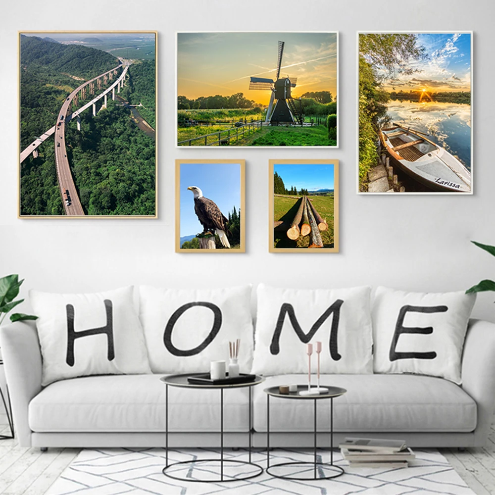 Ветряная мельница лодка холст живопись природа скандинавский плакат в