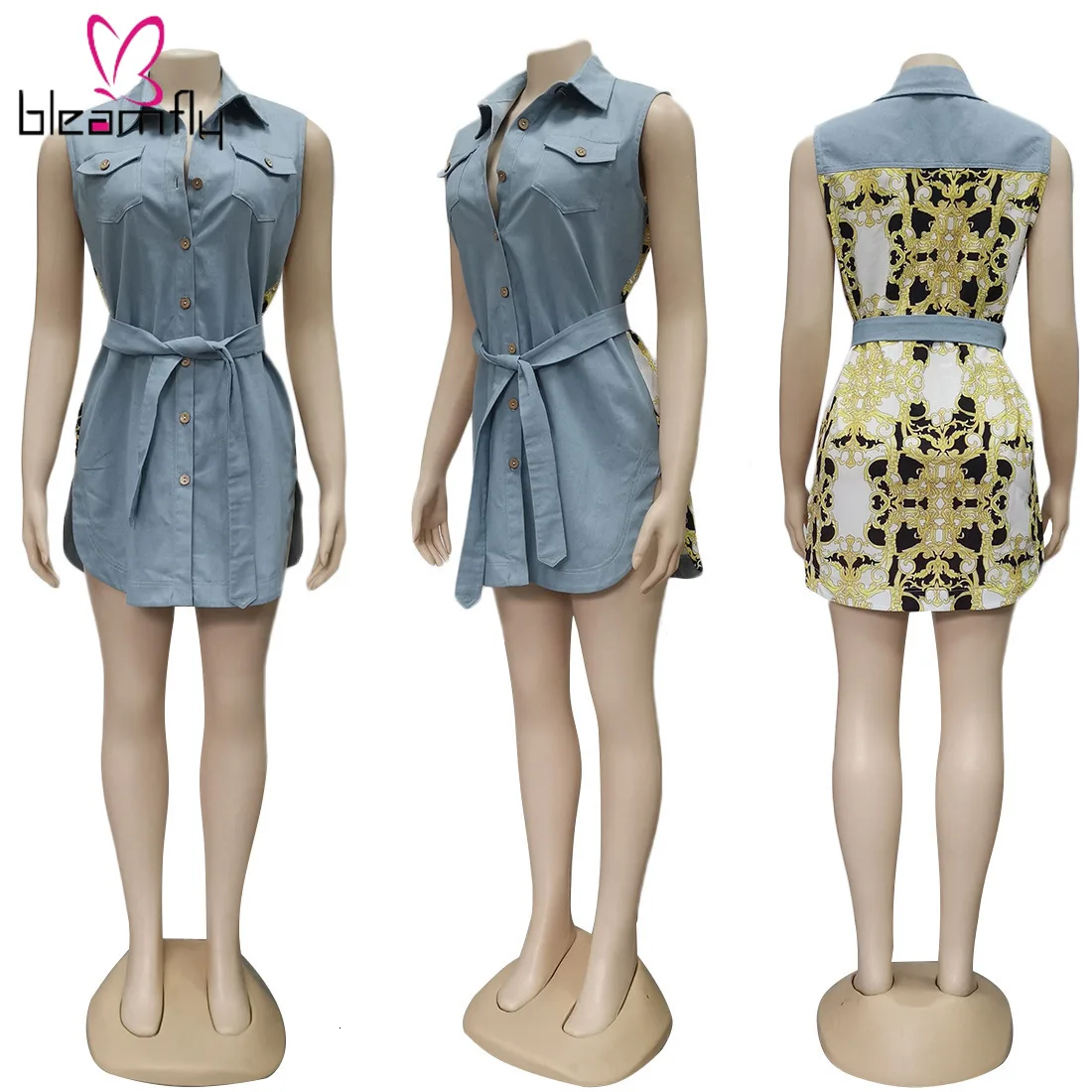 2019 женское осеннее винтажное комбинированное джинсовое мини-платье без рукавов