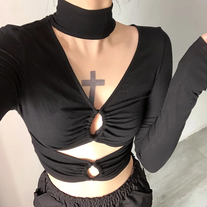 

Sexy Gothic Punk T-shirt Women Dark Academia Black Hollow Out Patchwork Turtleneck Slim Tee Tops Y2k Street Punk Tumblr Clothes