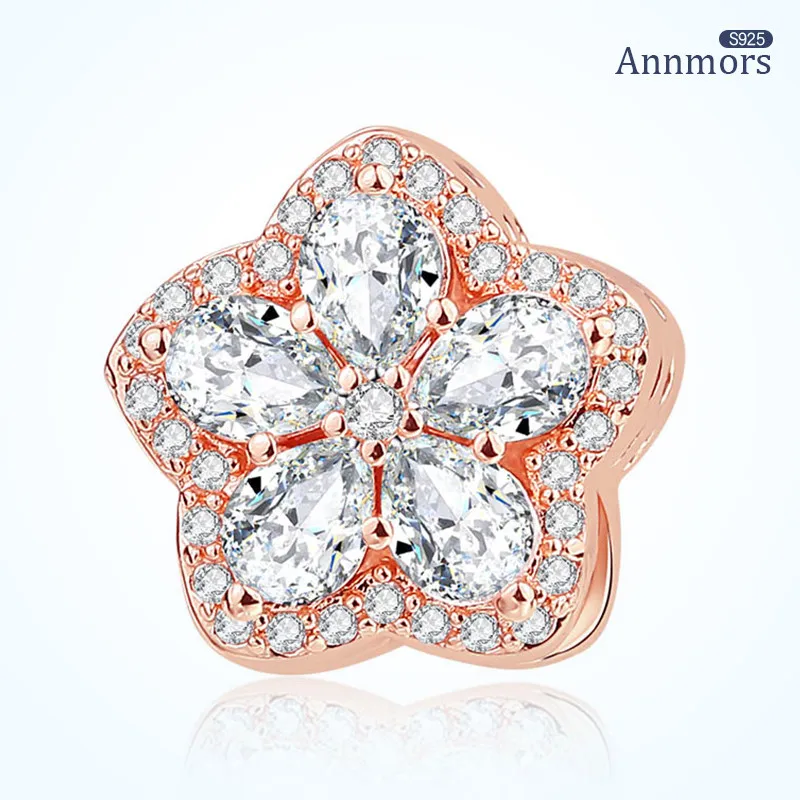 

Rose Gold Flower Fits Pandora Original Bracelets Charms Silver 925 Sterling Luxury Zircon Woman Five Petal Flower Bracelet Charm
