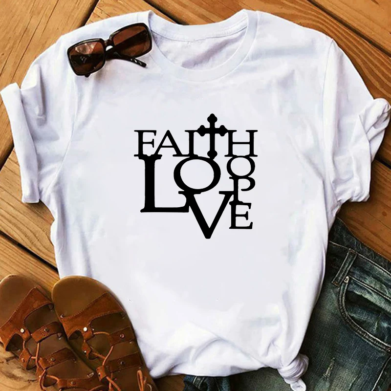 Новинка женская футболка с надписью Faith поверх Fear Love для христианина забавное