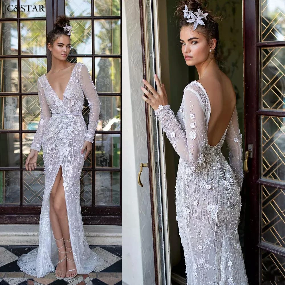 Женское свадебное платье с глубоким V-образным вырезом длинным рукавом и
