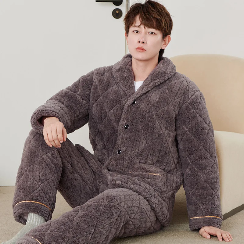 Men Autumn Winter New Flannel Three Layers Cotton Home Suit Coral Velvet Thick Sleepwear Loose Casual Loungewear Pajamas Set
