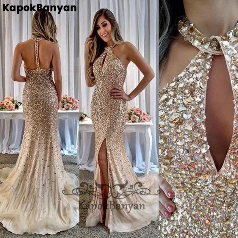 

Halter Rhinestones Split Mermaid Prom Dresses Backless Trumpet Long Party Gown