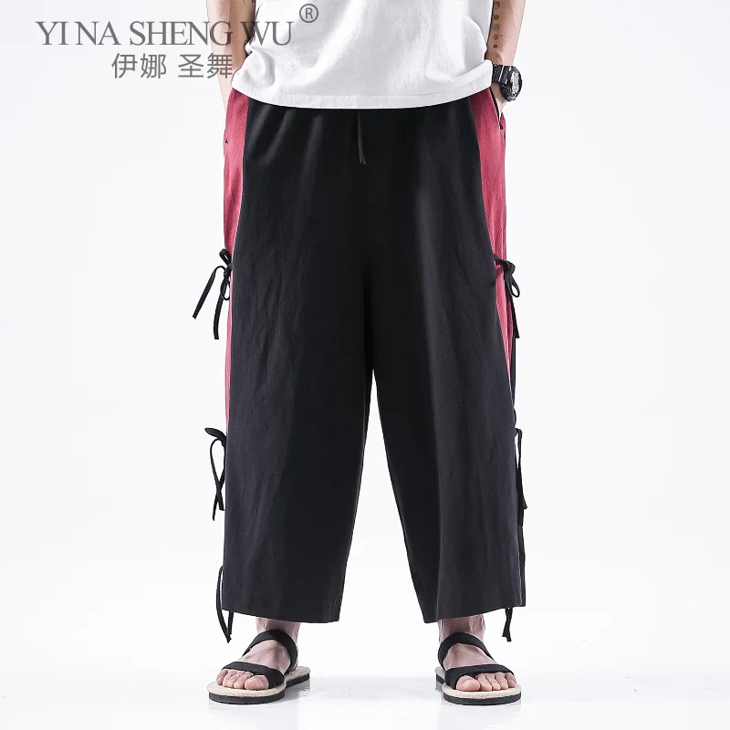 

Брюки-кимоно мужские с широкими штанинами, повседневные штаны для бега в китайском стиле, брюки контрастных цветов, большой размер 5XL, весна