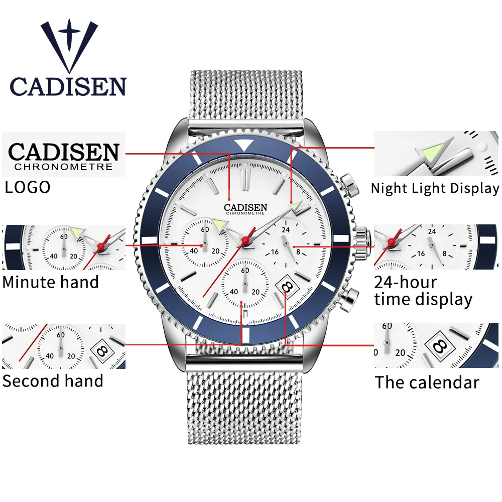 Мужские часы CADISEN бизнес мода Топ бренд роскошные спортивные кварцевые