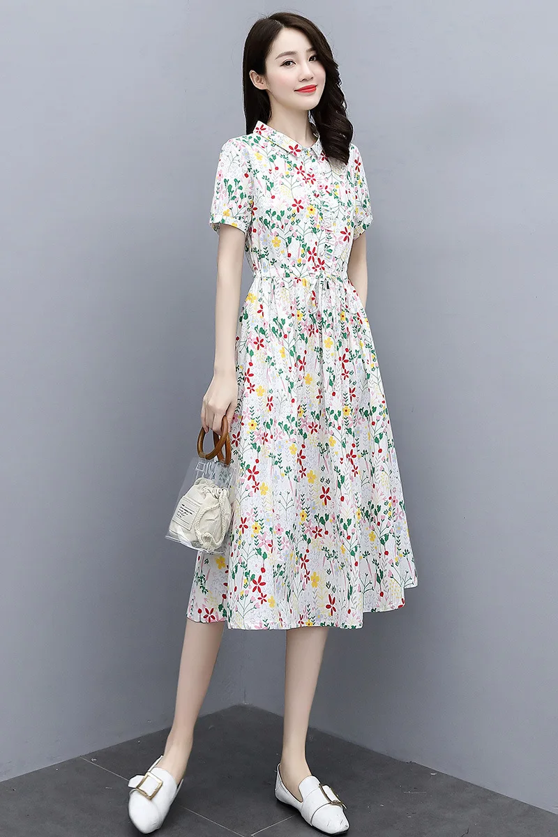 

Women's Casual Autumn Dress Women's Korean-Style Printed Midi Waist Hugging Floral Cotton Linen Summer Dress Vestidos