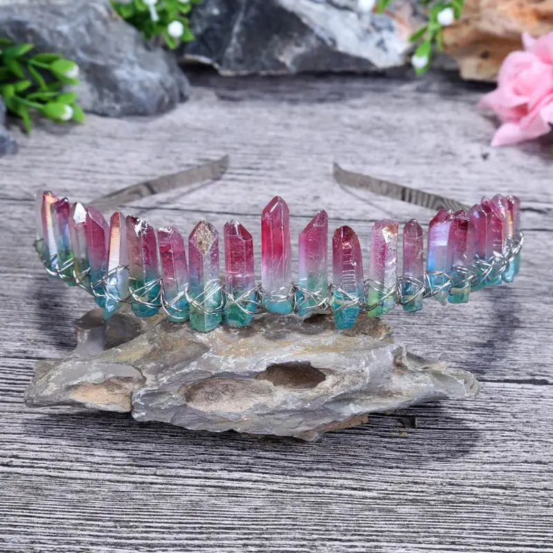 

Handmade Quartz Crystal Crown Gradient Green Pink Stone Angel Aura Hair Hoop NEW