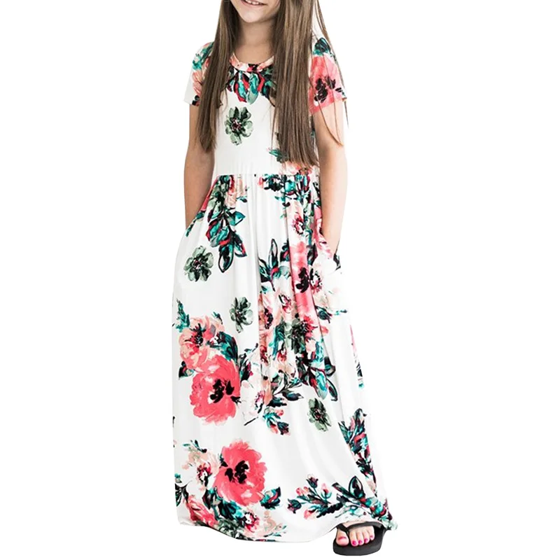 Dress for Girls Robe Fille Hot Short Sleeve Flower Print Children Long Teen Girl Elegent Beach Summer 2019 | Детская одежда и