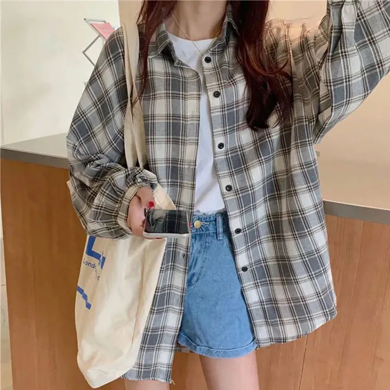 

Korean Style Plaid Shirts Women Long Sleeve Cardigan Vintage Checked School Blouse Spring Autumn Fashion Boyfriend Oversize Tops