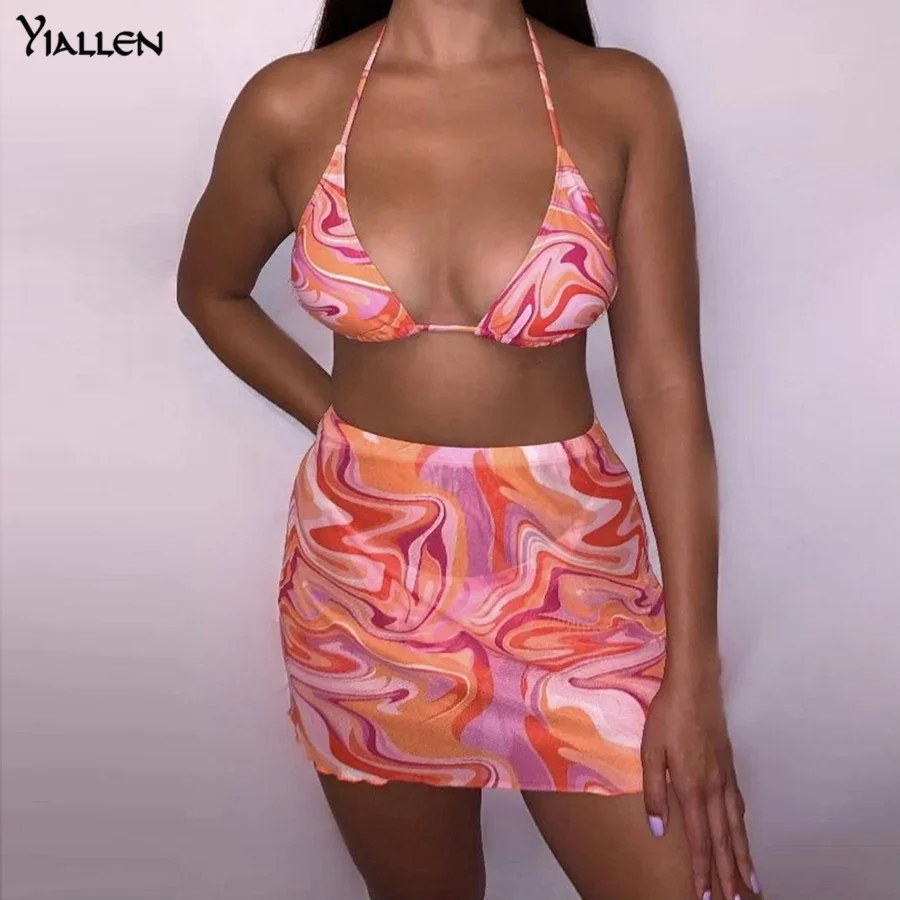 

Yiallen Fashion Sexy Print Mesh See Through High Waist Slim Mini Skirt Women Summer New Simple Casual Beach Vacation Skirt2021