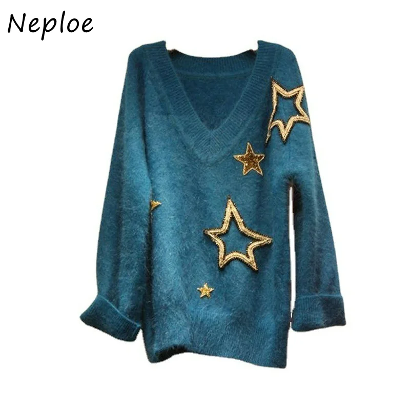 Женский вязаный пуловер с V-образным вырезом и длинным рукавом | Женская одежда