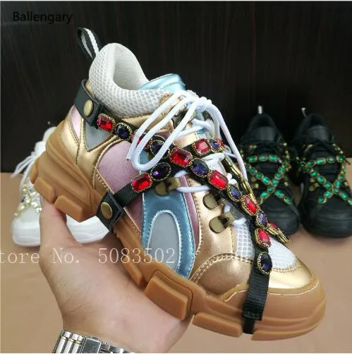 Fashion Genuine Leather Air Mesh Clunky Sneakers Glitter Crystal Belt Women Casual Shoes Sport Shoes tenis feminino