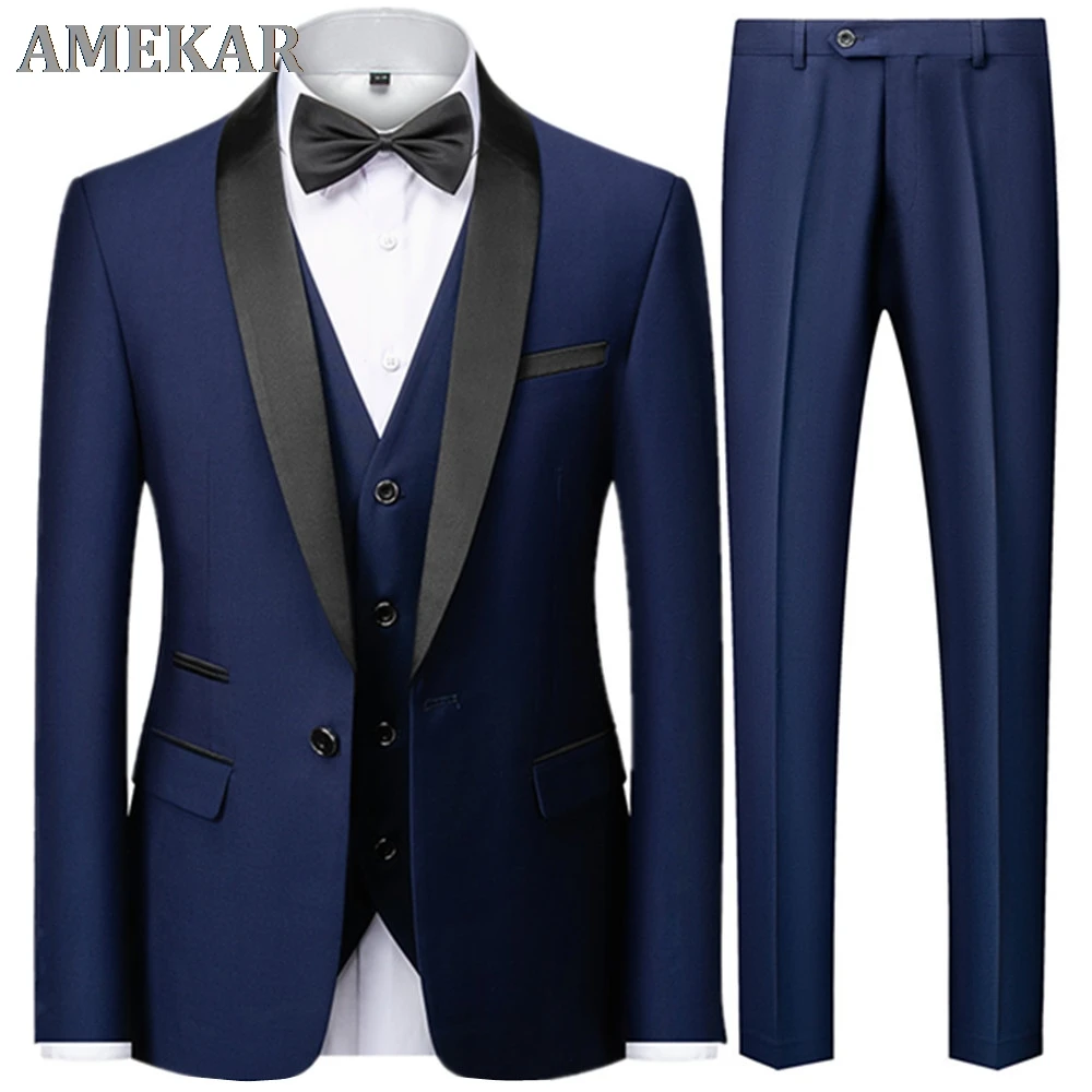 

Мужские костюмы с цветным блочным воротником, куртка, брюки, жилет, мужские деловые повседневные свадебные блейзеры, пальто, жилет, брюки, ко...