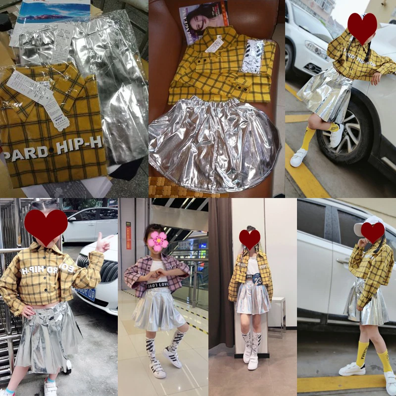 

New Hip Hop Dance Costume Girls Streetwear Jazz Dancing Clothes Kids Yellow Long Sleeve Plaid Shirt Performance Outfits