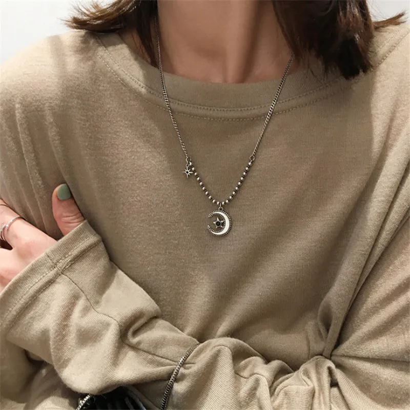 

POFUNUO 925 Sterling Silver Fashion Moon Star Pendant Necklaces Women Hiphop Rock Style Simple Design Delicate Niche Necklace