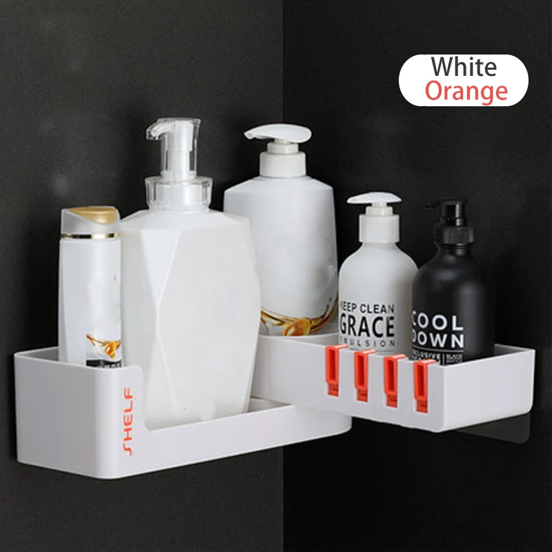 White and Orange Полка для ванной комнаты, угловой держатель для хранения, полки, органайзер, вращающийся настенный держатель для ванной, аксессуары для ванной комнаты, держатель для шампуня - Цвет: White and Orange
