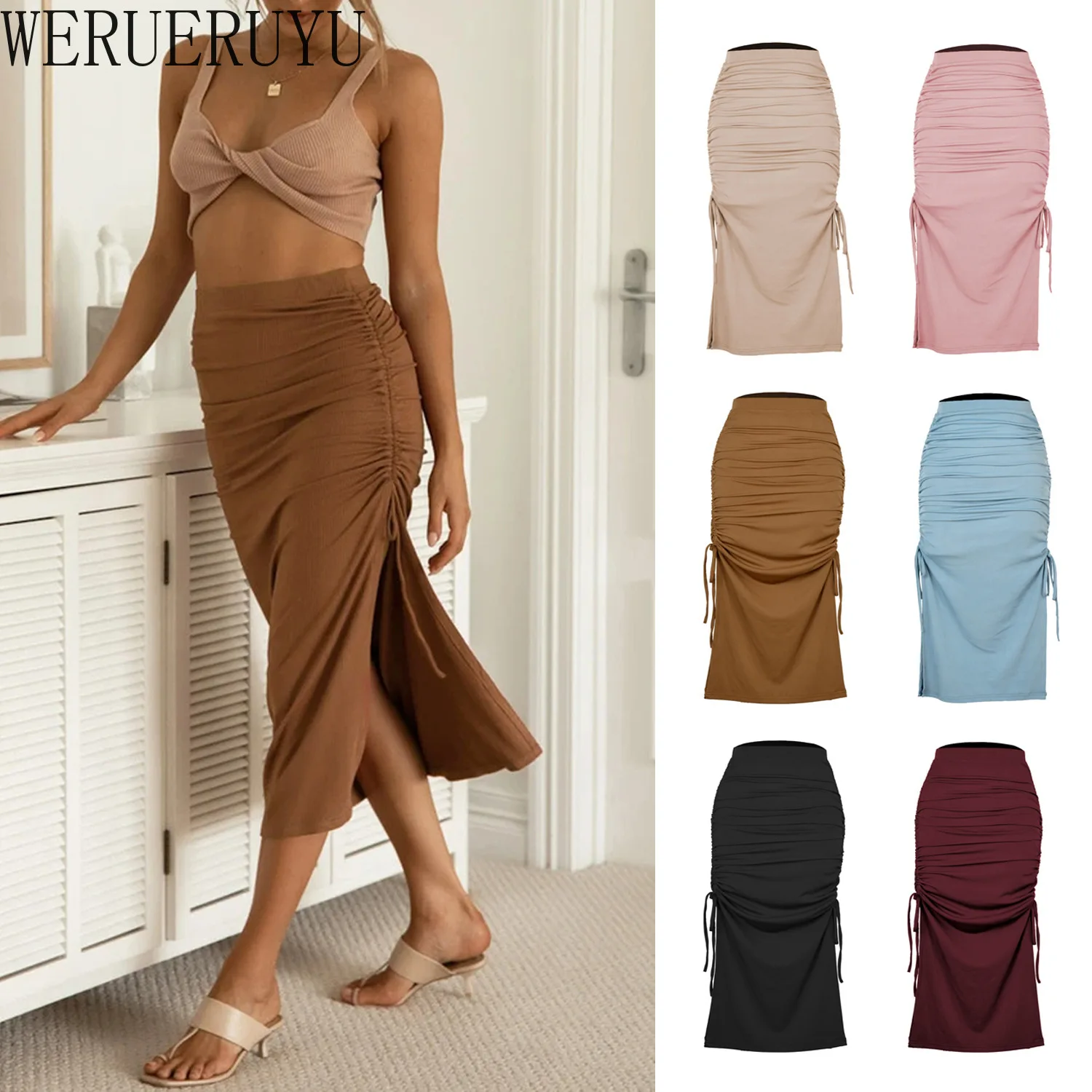 

New Split Fork Shirring Bandage Long Skirt Womens 2021 Summer Autumn Clothes High Waist Harajuku Casual Sexy Knitted Pink Skirts