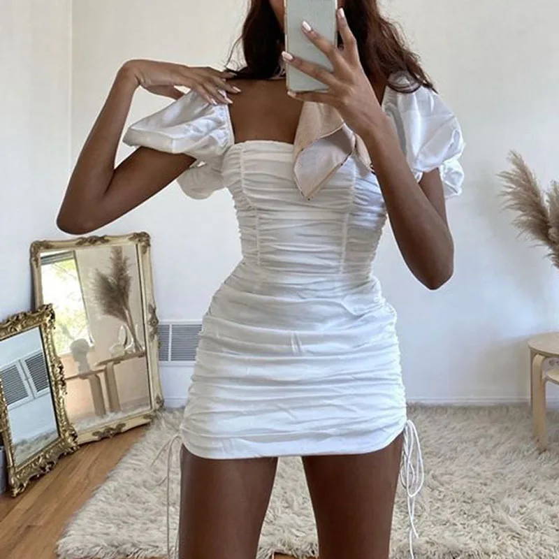 

RUCHED MINI DRESS White Color Drawstring Short Puff Sleeve Backness SATIN EFFECT Bodycon Dress For Ladies