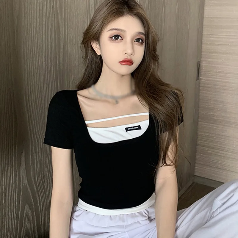 

New Women T-Shirts Summer Slim Knitting Fake Two Short Sleeve Top Short-sleeve Square Collar Women Tops