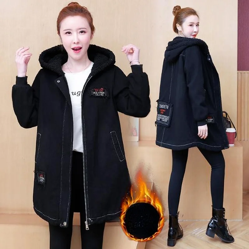 

2022 New Winter Women Lamb Fur Parka Coat Warm Hooded Denim Jacket Casual Jean Coat Female Thick Warm Denim Jacket X210