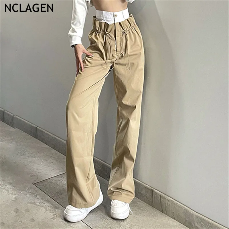 Оригинальные повседневные брюки NCLAGEN в стиле пэчворк с высокой талией свободные