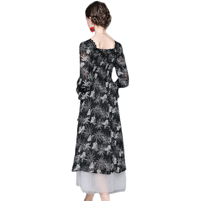 

New Elegant Vintage Women Flocking Flower Mesh Slim Tunic Maxi Dress Evening Party Clothing Lady Long Sleeve Dresses