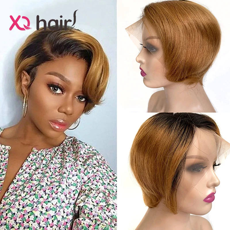 Короткая парикмахерская парик-каре XQ из малайзийских прямых человеческих волос с кружевным передним краем 13X6x1 HD прозрачные реми предварительно разрывает.