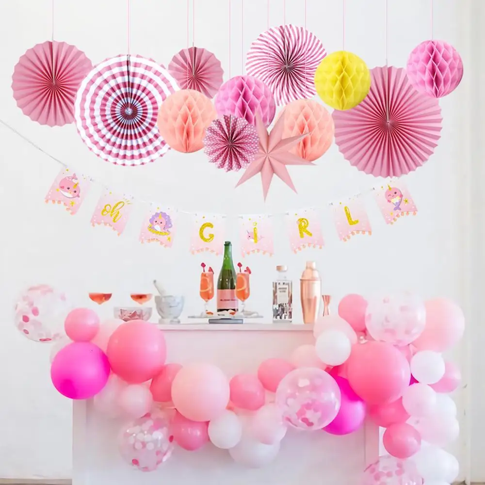 Baby Girl Shower Decorations Glitter Narwhal Gold Oh Banner Paper Fans Balls Star Lantern First Birthday Party | Дом и сад