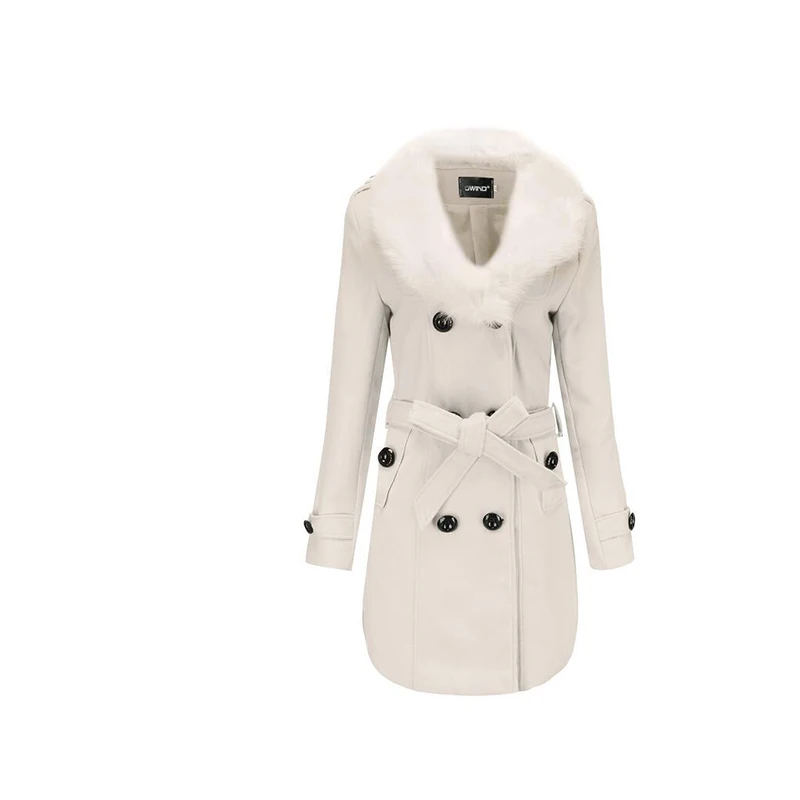 Большие размеры зимнее шерстяное пальто с меховым воротником облегающее