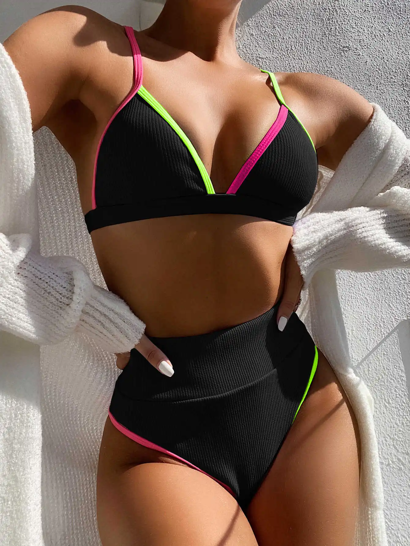 

Women Swimwear 2021 New Solid Color Bikini Sets Color Stripe Trim e Bra High Waist Thong Sexy Swimsuit